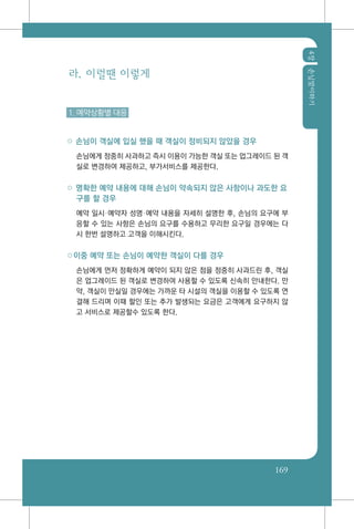 4장손님맞이하기
169
라. 이럴땐 이렇게
1. 예약상황별 대응
○ 손님이 객실에 입실 했을 때 객실이 정비되지 않았을 경우
	 손님에게 정중히 사과하고 즉시 이용이 가능한 객실 또는 업그레이드 된 객
실로 변경하여 제공하고, 부가서비스를 제공한다.
○ 명확한 예약 내용에 대해 손님이 약속되지 않은 사항이나 과도한 요
구를 할 경우
	 예약 일시예약자 성명예약 내용을 자세히 설명한 후, 손님의 요구에 부
응할 수 있는 사항은 손님의 요구를 수용하고 무리한 요구일 경우에는 다
시 한번 설명하고 고객을 이해시킨다.
○이중 예약 또는 손님이 예약한 객실이 다를 경우
	 손님에게 먼저 정확하게 예약이 되지 않은 점을 정중히 사과드린 후, 객실
은 업그레이드 된 객실로 변경하여 사용할 수 있도록 신속히 안내한다. 만
약, 객실이 만실일 경우에는 가까운 타 시설의 객실을 이용할 수 있도록 연
결해 드리며 이때 할인 또는 추가 발생되는 요금은 고객에게 요구하지 않
고 서비스로 제공할수 있도록 한다.
 