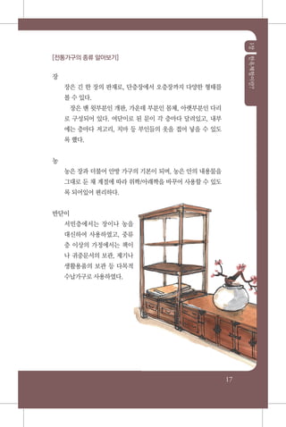 1장한옥체험이란?
17
[전통가구의 종류 알아보기]
장
장은 긴 한 장의 판재로, 단층장에서 오층장까지 다양한 형태를
볼 수 있다.
장은 맨 윗부분인 개판, 가운데 부분인 몸체, 아랫부분인 다리
로 구성되어 있다. 여닫이로 된 문이 각 층마다 달려있고, 내부
에는 층마다 저고리, 치마 등 부인들의 옷을 접어 넣을 수 있도
록 했다.
농
농은 장과 더불어 안방 가구의 기본이 되며, 농은 안의 내용물을
그대로 둔 채 계절에 따라 위짝/아래짝을 바꾸어 사용할 수 있도
록 되어있어 편리하다.
반닫이
서민층에서는 장이나 농을
대신하여 사용하였고, 중류
층 이상의 가정에서는 책이
나 귀중문서의 보관, 제기나
생활용품의 보관 등 다목적
수납가구로 사용하였다.
 
