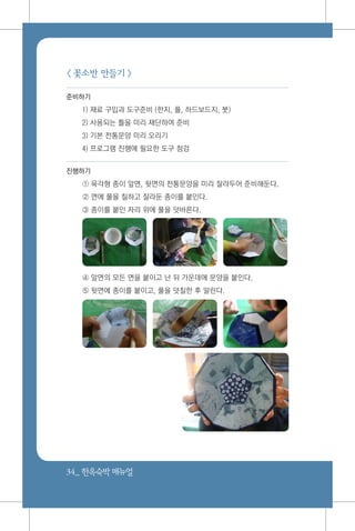 34_ 한옥숙박매뉴얼
< 꽃소반 만들기 >
준비하기
1) 재료 구입과 도구준비 (한지, 풀, 하드보드지, 붓)
2) 사용되는 틀을 미리 재단하여 준비
3) 기본 전통문양 미리 오리기
4) 프로그램 진행에 필요한 도구 점검
진행하기
① 육각형 종이 앞면, 뒷면의 전통문양을 미리 잘라두어 준비해둔다.
② 면에 풀을 칠하고 잘라둔 종이를 붙인다.
③ 종이를 붙인 자리 위에 풀을 덧바른다.
④ 앞면의 모든 면을 붙이고 난 뒤 가운데에 문양을 붙인다.
⑤ 뒷면에 종이를 붙이고, 풀을 덧칠한 후 말린다.
 