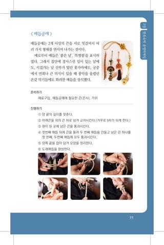 2장한옥숙박운영마케팅
35
< 매듭공예 >
매듭공예는 2개 이상의 끈을 서로 엇걸어서 여
러 가지 형태를 연이어 나가는 것이다.
예로부터 매듭은 '좋은 날', '특별함'을 표시하
였다. 그래서 집안에 경사스런 일이 있는 날에
도, 시집가는 날 신부가 탔던 꽃가마에도, 궁중
에서 연회나 큰 의식이 있을 때 풍악을 울렸던
온갖 악기들에도 화려한 매듭을 장식했다.
준비하기
재료구입_ 매듭공예에 필요한 끈(꼰사), 가위
진행하기
① 양 끝의 길이를 맞춘다.
② 아래끈을 위의 끈 뒤로 넘겨 교차시킨다.(거꾸로 9자가 되게 한다.)
③ 원이 된 곳에 남은 끈을 통과시킨다.
④ 첫번째 매듭 뒤에 끈을 돌려 두 번째 매듭을 만들고 남은 끈 하나를
첫 번째, 두번째 매듭에 모두 통과시킨다.
⑤ 양쪽 끝을 잡아 담겨 모양을 정리한다.
⑥ 도래매듭을 완성한다.
 