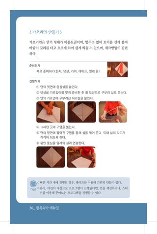 36_ 한옥숙박매뉴얼
T i p !
< 가오리연 만들기 >
가오리연은 연의 형태가 마름모꼴이며, 방두멍 없이 꼬리를 길게 붙여
바람이 꼬리를 타고 흐르게 하여 쉽게 띄울 수 있으며, 제작방법이 간편
하다.
준비하기
재료 준비하기(한지, 댓살, 가위, 테이프, 얼레 등)
진행하기
① 연의 뒷면에 중심살을 붙인다.
② 댓살을 가로길이를 맞춰 준비한 후 활 모양으로 구부려 실로 묶는다.
③ 연의 가로면에 구부려진 허리살을 붙인다.
④ 표시된 곳에 구멍을 뚫는다.
⑤ 연의 앞면에 뚫어진 구멍을 통해 실을 엮어 준다. 이때 실의 각도가
직각이 되도록 한다.
⑥ 묶인 중심을 얼레의 실과 연결한다.
○빠른 시간 내에 진행될 경우, 테이프를 이용해 간편히 만들수 있다.
○유아, 어린이 대상으로 프로그램이 진행된다면, 연을 색칠하거나, 스티
커를 이용해 꾸며보는 프로그램을 진행할 수 있다.
 