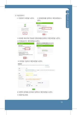 2장한옥숙박운영마케팅
59
5) 가입인증하기
⑴ 인증하기 버튼을 누른다.	 ⑵ 휴대번호를 입력하고 확인버튼을 누
른다.
⑶ 휴대폰 메시지로 전송된 인증번호를 입력하고 확인버튼을 누른다.
⑷ 인증성공 후, 확인버튼을 누른다.
⑸ 빈칸을 기입하고 확인버튼을 누른다.
6) 왼편의 문자를 순서대로 입력하고 확인버튼을 누른다.
7) 회원가입 완료
 