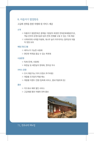 72_ 한옥숙박매뉴얼
8. 아름지기 함양한옥
고급화 전략을 통한 차별화 된 서비스 제공
소개
○ 아름지기 함양한옥은 종택을 기증받아 복원한 한옥문화체험관으로,
객실 단위의 운영시설과 달리 한옥 전체를 누릴 수 있는 기회 제공
○ 너럭바위와 사계절 야생화, 대나무 숲이 어우러지는 앞마당과 뒤뜰
의 정원 보유
체험 프로그램
○ 세미나가 가능한 사랑채
○ 편안한 목욕을 즐길 수 있는 목욕채
시설운영
○ 독채 (안채, 사랑채)
○ 화장실 및 세면실의 현대화, 편리성 우수
서비스 운영
○ 조식 제공가능 (석식 요청시 추가비용)
○ 계절별 조리장의 특별 메뉴
○ 계절별 이벤트 진행 (입욕제 서비스, 흥보가발표회 등)
홍보
○ 카드회사 제휴 할인 서비스
○ 고급화를 통한 차별화 전략 홍보
 