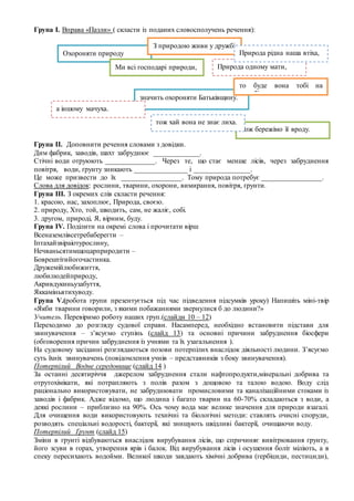 Група І. Вправа «Пазли» ( скласти із поданих словосполучень речення):
Група ІІ. Доповнити речення словами з довідки.
Дим фабрик, заводів, шахт забруднює _____________.
Стічні води отруюють ______________. Через те, що стає менше лісів, через забруднення
повітря, води, ґрунту зникають _______________ і ________________.
Це може призвести до їх _________________. Тому природа потребує _________________.
Слова для довідок: рослини, тварини, охорони, вимирання, повітря, ґрунти.
Група ІІІ. З окремих слів скласти речення:
1. красою, нас, захоплює, Природа, своєю.
2. природу, Хто, той, шкодить, сам, не жаліє, собі.
3. другом, природі, Я, вірним, буду.
Група ІV. Поділити на окремі слова і прочитати вірш
Всеназемлівсетребаберегти –
Іптахайзвіраіотурослину,
Нечваньсятимщоцарприродити –
Боврештітийогочастинка.
Дружемійлюбижиття,
любилюдейприроду,
Акривдукиньузабуття,
Яккаміньвтихуводу.
Група V.(робота групи презентується під час підведення підсумків уроку) Напишіть міні-твір
«Якби тварини говорили, з якими побажаннями звернулися б до людини?»
Учитель. Перевіримо роботу наших груп.(слайди 10 – 12)
Переходимо до розгляду судової справи. Насамперед, необхідно встановити підстави для
звинувачення – з’ясуємо ступінь (слайд 13) та основні причини забруднення біосфери
(обговорення причин забруднення із учнями та їх узагальнення ).
На судовому засіданні розглядаються позови потерпілих внаслідок діяльності людини. З’ясуємо
суть їхніх звинувачень (повідомлення учнів – представників з боку звинувачення).
Потерпілий Водне середовище (слайд 14 )
За останні десятиріччя джерелом забруднення стали нафтопродукти,мінеральні добрива та
отрутохімікати, які потрапляють з полів разом з дощовою та талою водою. Воду слід
раціонально використовувати, не забруднювати промисловими та каналізаційними стоками із
заводів і фабрик. Адже відомо, що людина і багато тварин на 60-70% складаються з води, а
деякі рослини – приблизно на 90%. Ось чому вода має велике значення для природи взагалі.
Для очищення води використовують технічні та біологічні методи: ставлять очисні споруди,
розводять спеціальні водорості, бактерії, які знищують шкідливі бактерії, очищаючи воду.
Потерпілий Ґрунт (слайд 15)
Зміни в ґрунті відбуваються внаслідок вирубування лісів, що спричиняє вивітрювання ґрунту,
його зсуви в горах, утворення ярів і балок. Від вирубування лісів і осушення боліт міліють, а в
спеку пересихають водойми. Великої шкоди завдають хімічні добрива (гербіциди, пестициди),
Охороняти природу
З природою живи у дружбі
Природа одному мати,Ми всі господарі природи,
Природа рідна наша втіха,
значить охороняти Батьківщину.
тож бережімо її вроду.
а іншому мачуха.
то буде вона тобі на
службі.
тож хай вона не знає лиха.
 