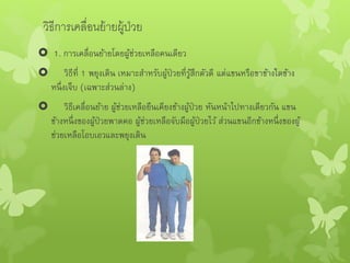 วิธีการเคลื่อนย้ายผู้ป่วย
 1. การเคลื่อนย้ายโดยผู้ช่วยเหลือคนเดียว
 วิธีที่ 1 พยุงเดิน เหมาะสาหรับผู้ป่วยที่รู้สึกตัวดี แต่แขนหรือขาข้างใดข้าง
หนึ่งเจ็บ (เฉพาะส่วนล่าง)
 วิธีเคลื่อนย้าย ผู้ช่วยเหลือยืนเคียงข้างผู้ป่วย หันหน้าไปทางเดียวกัน แขน
ข้างหนึ่งของผู้ป่วยพาดคอ ผู้ช่วยเหลือจับมือผู้ป่วยไว้ ส่วนแขนอีกข้างหนึ่งของผู้
ช่วยเหลือโอบเอวและพยุงเดิน
 