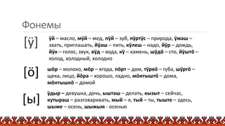 Фонемы
[ӱ] ӱй – масло, мӱй – мед, пӱй – зуб, пӱртӱс – природа, ӱжаш –
звать, приглашать, йӱаш – пить, кӱлеш – надо, йӱр – дождь,
йӱк – голос, звук, вӱд – вода, кӱ – камень, шӱдӧ – сто, йӱштӧ –
холод, холодный, холодно
шӧр – молоко, мӧр – ягода, пӧрт – дом, тӱрвӧ – губа, шӱргӧ –
щека, лицо, йӧра – хорошо, ладно, мӧҥгыштӧ – дома,
мӧҥгышкӧ – домой
[ӧ]
[ы]
ӱдыр – девушка, дочь, ышташ – делать, кызыт – сейчас,
кутыраш – разговаривать, мый – я, тый – ты, тыште – здесь,
шыже – осень, шыжым - осенью
 