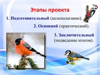 Этапы проекта
1. Подготовительный (целеполагание).
2. Основной (практический).
3. Заключительный
(подведение итогов).
 