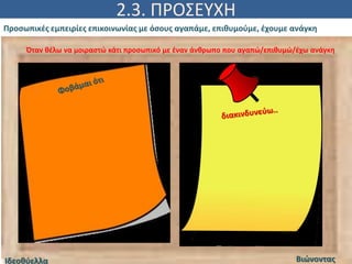 2.3. ΠΡΟΣΕΥΧΗ
Προσωπικές εμπειρίες επικοινωνίας με όσους αγαπάμε, επιθυμούμε, έχουμε ανάγκη
Όταν θέλω να μοιραστώ κάτι προσωπικό με έναν άνθρωπο που αγαπώ/επιθυμώ/έχω ανάγκη
Ιδεοθύελλα Βιώνοντας
 