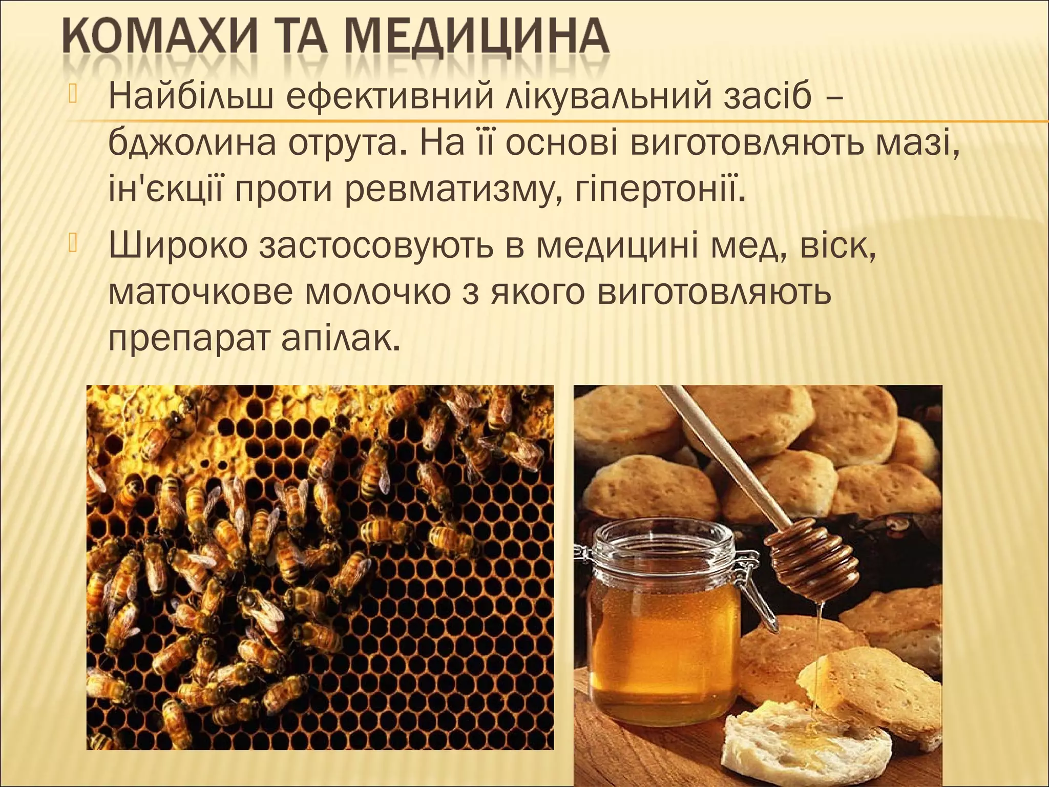  Найбільш ефективний лікувальний засіб –
бджолина отрута. На її основі виготовляють мазі,
ін'єкції проти ревматизму, гіпертонії.
 Широко застосовують в медицині мед, віск,
маточкове молочко з якого виготовляють
препарат апілак.
 