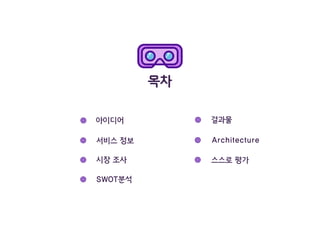 목차
아이디어
서비스 정보
시장 조사
SWOT분석
결과물
Architecture
스스로 평가
 