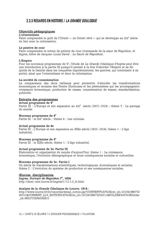 16 — CHEFS-D’ŒUVRE ? I DOSSIER PEDAGOGIQUE I FILIATION
2.3.3 REGARDS EN HISTOIRE / LA GRANDE ODALISQUE
Objectifs pédagogiques
L’orientalisme
Faire comprendre le goût de l’Orient – un Orient rêvé – qui se développe au XIX
e
siècle
en lien avec la colonisation.
Le peintre de cour
Faire comprendre la notion de peintre de cour (commande de la sœur de Napoléon, et
Ingres, élève de Jacques-Louis David : Le Sacre de Napoléon).
L’Empire
Pour les nouveaux programmes de 4e
, l’étude de La Grande Odalisque d’Ingres peut être
une introduction à la partie III puisqu’il permet à la fois d’aborder l’Empire et sa fin
(poids de la famille dans les conquêtes napoléoniennes, les guerres, qui conduisent à sa
perte), ainsi que l’orientalisme et donc la colonisation.
La société de consommation
La comparaison des deux tableaux peut permettre d’aborder les transformations
économiques et sociales des Trente Glorieuses et les phénomènes qui les accompagnent:
croissance économique, production de masse, consommation de masse, standardisation,
publicité.
Extraits des programmes
Actuel programme de 4e
Partie III : L’Europe et son expansion au XIX
e
siècle (1815-1914) ; thème 3 : Le partage
du monde.
Nouveau programme de 4e
Partie III : le XIX
e
siècle ; thème 4 : Les colonies.
Actuel programme de 4e
Partie III : L’Europe et son expansion au XIXe siècle (1815-1914), thème 1 : L’âge
industriel.
Nouveau programme de 4e
Partie III : le XIXe siècle, thème 1 : L’âge industriel.
Actuel programme de 3e: Partie III
Elaboration et organisation du monde d’aujourd’hui, thème 1 : La croissance
économique, l’évolution démographique et leurs conséquences sociales et culturelles.
Nouveau programme de 3e : Partie I
Un siècle de transformations scientifiques, technologiques, économiques et sociales,
thème 2 : L’évolution du système de production et ses conséquences sociales.
Œuvres disciplinaires
Ingres, Portrait de Napoléon Ier
, 1806
http://mini-site.louvre.fr/ingres/1.7.2.1.2_fr.html
Analyse de la Grande Odalisque du Louvre, 1814 :
http://www.louvre.fr/llv/oeuvres/detail_notice.jsp?CONTENT%3C%3Ecnt_id=101341986732
26311&CURRENT_LLV_NOTICE%3C%3Ecnt_id=10134198673226311&FOLDER%3C%3Efolder
_id=9852723696500815
 