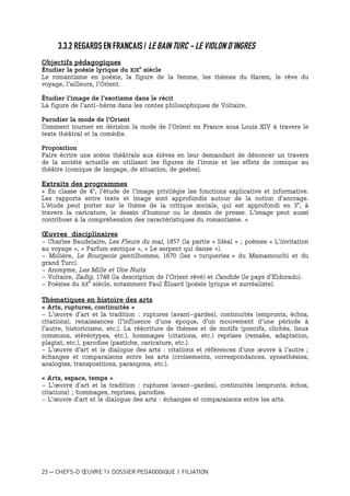 23 — CHEFS-D’ŒUVRE ? I DOSSIER PEDAGOGIQUE I FILIATION
3.3.2 REGARDS EN FRANCAIS / LE BAIN TURC - LE VIOLON D’INGRES
Objectifs pédagogiques
Étudier la poésie lyrique du XIX
e
siècle
Le romantisme en poésie, la figure de la femme, les thèmes du Harem, le rêve du
voyage, l’ailleurs, l’Orient.
Étudier l’image de l’exotisme dans le récit
La figure de l’anti-héros dans les contes philosophiques de Voltaire.
Parodier la mode de l’Orient
Comment tourner en dérision la mode de l’Orient en France sous Louis XIV à travers le
texte théâtral et la comédie.
Proposition
Faire écrire une scène théâtrale aux élèves en leur demandant de dénoncer un travers
de la société actuelle en utilisant les figures de l’ironie et les effets de comique au
théâtre (comique de langage, de situation, de gestes).
Extraits des programmes
« En classe de 4e
, l’étude de l’image privilégie les fonctions explicative et informative.
Les rapports entre texte et image sont approfondis autour de la notion d’ancrage.
L’étude peut porter sur le thème de la critique sociale, qui est approfondi en 3e
, à
travers la caricature, le dessin d’humour ou le dessin de presse. L’image peut aussi
contribuer à la compréhension des caractéristiques du romantisme. »
Œuvres disciplinaires
- Charles Baudelaire, Les Fleurs du mal, 1857 (la partie « Idéal » ; poèmes « L’invitation
au voyage », « Parfum exotique », « Le serpent qui danse »).
- Molière, Le Bourgeois gentilhomme, 1670 (les « turqueries » du Mamamouchi et du
grand Turc).
- Anonyme, Les Mille et Une Nuits
- Voltaire, Zadig, 1748 (la description de l’Orient rêvé) et Candide (le pays d’Eldorado).
- Poésies du XX
e
siècle, notamment Paul Éluard (poésie lyrique et surréaliste).
Thématiques en histoire des arts
« Arts, ruptures, continuités »
- L’œuvre d’art et la tradition : ruptures (avant-gardes), continuités (emprunts, échos,
citations), renaissances (l’influence d’une époque, d’un mouvement d’une période à
l’autre, historicisme, etc.). La réécriture de thèmes et de motifs (poncifs, clichés, lieux
communs, stéréotypes, etc.), hommages (citations, etc.) reprises (remake, adaptation,
plagiat, etc.), parodies (pastiche, caricature, etc.).
- L’œuvre d’art et le dialogue des arts : citations et références d’une œuvre à l’autre ;
échanges et comparaisons entre les arts (croisements, correspondances, synesthésies,
analogies, transpositions, parangons, etc.).
« Arts, espace, temps »
- L’œuvre d’art et la tradition : ruptures (avant-gardes), continuités (emprunts, échos,
citations) ; hommages, reprises, parodies.
- L’œuvre d’art et le dialogue des arts : échanges et comparaisons entre les arts.
 