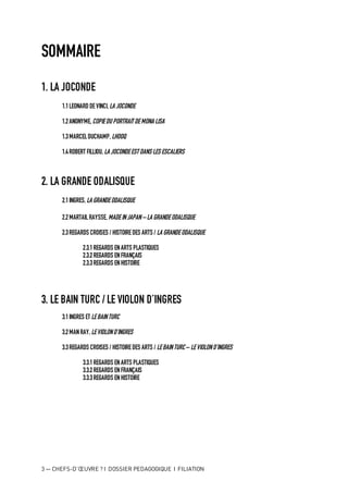 3 — CHEFS-D’ŒUVRE ? I DOSSIER PEDAGOGIQUE I FILIATION
SOMMAIRE
1. LA JOCONDE
1.1LEONARD DEVINCI,LA JOCONDE
1.2ANONYME,COPIEDU PORTRAIT DEMONA LISA
1.3MARCELDUCHAMP, LHOOQ
1.4ROBERT FILLIOU,LA JOCONDEEST DANS LES ESCALIERS
2. LA GRANDE ODALISQUE
2.1INGRES,LA GRANDEODALISQUE
2.2MARTAILRAYSSE, MADEINJAPAN– LA GRANDEODALISQUE
2.3REGARDS CROISES / HISTOIREDES ARTS / LA GRANDEODALISQUE
2.3.1REGARDS ENARTS PLASTIQUES
2.3.2REGARDS ENFRANÇAIS
2.3.3REGARDS ENHISTOIRE
3. LE BAIN TURC / LE VIOLON D’INGRES
3.1INGRES ET LEBAINTURC
3.2MANRAY, LEVIOLOND’INGRES
3.3REGARDS CROISES / HISTOIREDES ARTS / LEBAINTURC – LEVIOLOND’INGRES
3.3.1REGARDS ENARTS PLASTIQUES
3.3.2REGARDS ENFRANÇAIS
3.3.3REGARDS ENHISTOIRE
 