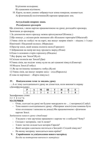 Б) різними кольорами;
В) однаковим відтінком;
10. Карти, на яких умовно зображується земна поверхня, називається:
А) фізичними;Б) політичними;В) картами природних зон;
Актуалізація опорних знань
Розгадування кросворда
Що дізнатися, з якою картою працюватимемо на уроці, розгадайте кросворд.
Запитання до кросворда;
1.За допомогою якого приладу можна орієнтуватися?(Компас.)
2.Що показує, у скільки разів зменшено або збільшено територію?(Масштаб)
3.Уявна лінія на глобусі чи на карті, яка вказує напрям північ – південь і з’єднує
Північний і Південний полюси. (Меридіан)
4.Простір землі, який можна охопити оком.(Горизонт)
5.Зображення на папір вигляду предмета зверху.(План)
6.Одна із основних сторін горизонту.(Південь)
7.Яку форму має Земля?(Кулі)
8.Скільки полюсів має Земля?(Два)
9.Уявна лінія, що поділяє земну кулю на дві однакові півкулі.(Екватор)
10.Модель Землі.(Глобус)
11.Як ще по-іншому називають глобус.(Куля)
12.Уявна лінія, що вказує напрям захід – схід.(Паралель)
(Слова по вертикалі – «Карта півкуль»)
IV. Повідомлення теми та завдань уроку
. – А от тему сьогоднішнього уроку ви дізнаєтеся, коли виконаєте вправу
«Дешифрувальник»
Р А М Ш Т И К Е
1 2 3 4 5 6 7 8
Зашифроване слово:
3 2 5 8 1 6 7 6
МАТЕРИКИ
- Отже, сьогодні на уроці ми будемо мандрувати по … ( материках).Слайд1.
- Тема нашого сьогоднішнього уроку: «Материки землі»(тема повинна бути
чітко оголошена і записана на дошці).Ми працюватимемо з фізичною
картою Землі.
Завданнями нашого уроку є(таблиця)
- З’ясувати з чим зручніше працювати з картою чи з глобусом? Чому?
- Скільки є материків, і які їх назви?
- З яких частин складається материк Євразія?
- Який материк одночасно міститься в Західній і Східній півкулях?
- На якому материку знаходиться наша країна?
V. Сприймання та усвідомлення нового матеріалу
Бесіда на повторення вивченого матеріалу:
 