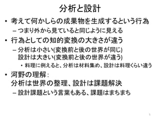 分析と設計
• 考えて何かしらの成果物を生成するという行為
– つまり外から見ていると同じように見える
• 行為としての知的変換の大きさが違う
– 分析は小さい(変換前と後の世界が同じ)
設計は大きい(変換前と後の世界が違う)
• 料理に例えると、分析は材料集め、設計は料理くらい違う
• 河野の理解：
分析は世界の整理、設計は課題解決
– 設計課題という言葉もある、課題はまちまち
5
 