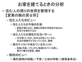 お家を建てるときの分析
• 住む人の周りの世界を整理する
【営業の腕の見せ所】
– 住む人たちのビュー
• 住む人たちの今後の計画
– 家族が増えるか、両親と同居の可能性があるか、
自宅で仕事をするか
• 住む人たちの現在の生活パターン
– 日中家にいるか、休日は何をしているか、
生活の導線がどうなっているか、趣味
• 家のテイストや求めているモノ/コト
– 和風/洋風、リラックス/洗練されている感じ、
寒さや暑さの感度、趣味
– 制約のビュー
• 場所(建物の制限)／予算／土地の特徴／(建築基準法)8
 