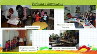 Робота з батьками
Родинне свято
Майстер-клас для
батьків
Круглий стіл з батькамиСпортивне свято
«Веселі старти»
 