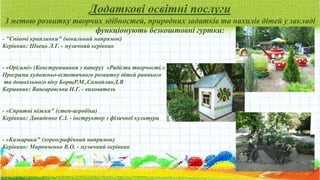 Додаткові освітні послуги
З метою розвитку творчих здібностей, природних задатків та нахилів дітей у закладі
функціонують безкоштовні гуртки:
- "Співочі краплинки" (вокальний напрямок)
Керівник: Швець Л.Г. - музичний керівник
- «Орігамі» (Конструювання з паперу) «Радість творчості.»
Програма художньо-естетичного розвитку дітей раннього
та дошкільного віку БорщР.М.,СамойликД.В
Керывник: Вансаровська Н.Г. - вихователь
- «Спритні ніжки" (степ-аеробіка)
Керівник: Давиденко Є.І. - інструктор з фізичної культури
- «Казкарики" (хореографічний напрямок)
Керівник: Миронченко В.О. - музичний керівник
 