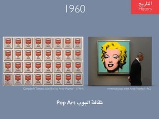 ?????????
History1960
American pop artist Andy Warhol 1962
Pop Art ??????? ???????
CampbellsTomato Juice Box by Andy Warhol C (1964)
 