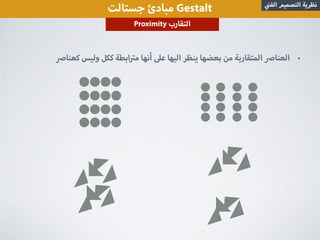 ‫جستالت‬ ‫مبادئ‬ Gestalt ‫الف‬ ‫التصميم‬ ‫نظرية‬
Proximity ‫التقارب‬
•‫كعنا‬ ‫وليس‬ ‫ككل‬ ‫ابطة‬ ‫م‬ ‫أنها‬ ‫ع‬ ‫اليها‬ ‫ينظر‬ ‫بعضها‬ ‫من‬ ‫المتقاربة‬ ‫العنا‬
 
