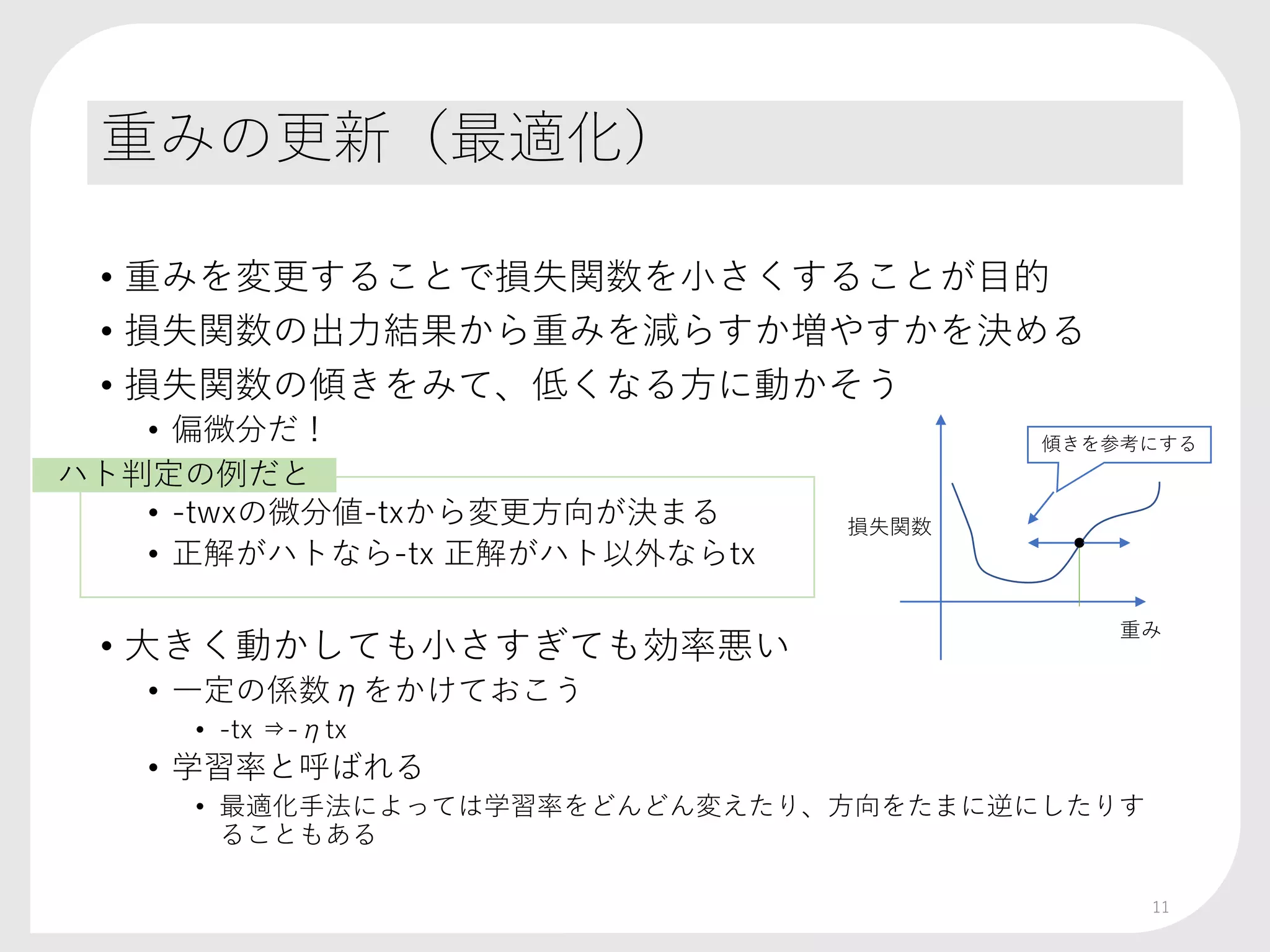 重みの更新（最適化）
• 重みを変更することで損失関数を小さくすることが目的
• 損失関数の出力結果から重みを減らすか増やすかを決める
• 損失関数の傾きをみて、低くなる方に動かそう
• 偏微分だ！
• -twxの微分値-txから変更方向が決まる
• 正解がハトなら-tx 正解がハト以外ならtx
• 大きく動かしても小さすぎても効率悪い
• 一定の係数ηをかけておこう
• -tx ⇒-ηtx
• 学習率と呼ばれる
• 最適化手法によっては学習率をどんどん変えたり、方向をたまに逆にしたりす
ることもある
重み
損失関数
傾きを参考にする
11
ハト判定の例だと
 