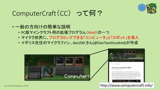 ComputerCraft（CC） って何？
• 一般の方向けの簡単な説明
• PC版マインクラフト用の拡張プログラム（Mod）の一つ
• マイクラ世界に、プログラミングできる「コンピュータ」と「ロボット」を導入
• イギリス在住のマイクラファン、dan200 さん(@DanTwoHundred)が作成
Ta.K.Mi 2017＠Nakano ICTCO
5
http://www.computercraft.info/
 