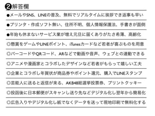 ⚫メールやSNS、LINEの普及、無料でリアルタイムに挨拶でき返事も早い
⚫プリンタ・作成ソフト無い、住所不明、個人情報保護法、手書きが面倒
⚫年始も休まないサービス業が増え元旦に届くありがたさ希薄、高齢化
◎懸賞をゲームやLINEポイント、i...