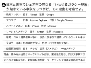 ・検索エンジン 日本：Yahoo! 世界：Google
・ブラウザ   日本：Internet Explorer 世界：Google Chrome
・スマートフォン 日本：iPhone 世界：Android
・ソーシャルメディア 日本：Twitter 世界：Facebook
・新聞 日本：購読者数が多い 世界：国単位で購読しているケースも希少
・ブログ 日本：利用者数が多い 世界：利用者数が少ない
・動画視聴時間 日本：テレビ 世界（アメリカ）：Webメディア
理由：幕の内弁当的なポータルサイト好き、匿名性を好む、同じ文字数で伝
えられる情報が多い、新聞の配達制度、マーケティング誘導に順応的である
 日本と世界でシェア率の異なる「いわゆるガラケー現象」
 が起きている事象を３つ挙げ、その理由を考察せよ。
❹
 