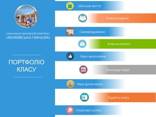 Самоврядування
ПОРТФОЛІО
КЛАСУ
НАВЧАЛЬНО-ВИХОВНИЙ КОМПЛЕКС
«ЯКИМІВСЬКА ГІМНАЗІЯ»
Календар подій
Наші досягнення
Спортивні успіхи
Класна родина
Наші захоплення
Шкільне життя
Гордість класу
Класна кімната
 