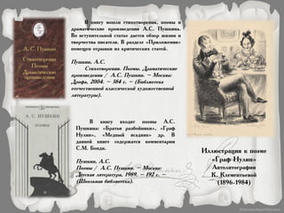 В книгу вошли стихотворения, поэмы и
драматические произведения А.С. Пушкина.
Во вступительной статье дается обзор жизни и
творчества писателя. В разделе «Приложения»
помещен отрывки из критических статей.
Пушкин, А.С.
Стихотворения. Поэмы. Драматические
произведения / А.С. Пушкин. – Москва:
Дрофа, 2004. – 384 с. – (Библиотека
отечественной классической художественной
литературы).
В книгу входят поэмы А.С.
Пушкина: «Братья разбойники», «Граф
Нулин», «Медный всадник» др. В
данной книге содержатся комментарии
С.М. Бонди.
Пушкин, А.С.
Поэмы / А.С. Пушкин. – Москва:
Детская литература, 1989. – 192 с. –
(Школьная библиотека).
Иллюстрация к поэме
«Граф Нулин»
Автолитографии
К. Клементьевой
(1896-1984)
 