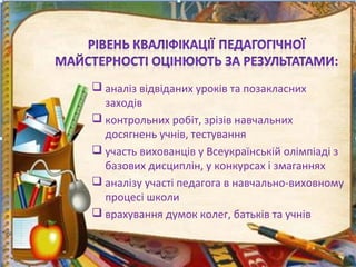  аналіз відвіданих уроків та позакласних
заходів
 контрольних робіт, зрізів навчальних
досягнень учнів, тестування
 участь вихованців у Всеукраїнській олімпіаді з
базових дисциплін, у конкурсах і змаганнях
 аналізу участі педагога в навчально-виховному
процесі школи
 врахування думок колег, батьків та учнів
 