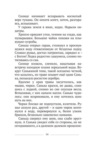 14
Солнце начинает вспарывать косматый
верх тумана. Он нехотя алеет, затем, разгора-
ясь, вспыхивает.
У гаража земля в ямах, ходах. Нарыли он-
датры.
Хрипло крякают утки, темнея на глади, как
пупырышки. Большие чайки похожи на плы-
вущие сугробы.
Санька открыл гараж, столкнул в проснув-
шуюся воду отяжелевшую от безделья лодку.
Сложил ружье, достал патронташ, зарядил и –
с Богом! Лодка радостно зашумела, словно по-
тягиваясь со сна.
Солнце взошло, слепило, накатывая на-
встречу холодное пламя зеркальной воды. Во-
круг Санькиной тени, такой осязаемо четкой,
что казалось, по траве плывет ещё один Сань-
ка, полыхало росистое серебро.
Вдалеке у края травы засуетились, как
мыши, чирки. Санька крался, не дыша, слив-
шись с лодкой, словно во сне опуская весла.
Вспыхивая, с них капали капли. Саньке чуди-
лось: они вскрикивали, и ему хотелось шик-
нуть на них.
Чирки близко не подпустили, взлетели. Ру-
жье ахнуло раз, другой – и один чирок шлеп-
нулся в воду, перевернулся и, белея узким
брюхом, безвольно зашевелил лапками.
Санька свернул ему шею, она слабо хруст-
нула. А Санька увидел себя со стороны, но не
сегодняшнего, а в далеком-далеком прошлом:
 