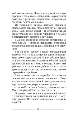 32
кой тянется вдоль Шанталыка, узкой речушки,
заросшей тальником, камышами, окруженной
болотом с редкими островками, поросшими
соснами, березами, ольхой.
Из густеющей синевы сначала выпадает
свист, затем черные, словно мохнатые, стайки
уток. Наши ружья ахают – и, оторвавшись от
стаи, темный ком тяжело ударяется о землю,
подпрыгивает, как мяч, и затихает.
У Саньки старинная курковая двустволка. И,
хотя Санька – охотник неважный, дедовская
двустволка, ронкая и дальнобойкая, его выру-
чает.
Раз он сбил крякву с такой запредельной
высоты, что я в таких случаях даже не подни-
маю свою «вертикалку»! И, как обычно быва-
ет в жизни, неважный охотник сбил её одной
дробинкой, попав прямо в сердце. В этом мы
убедились в тот же вечер, общипав и разрезав
крякву: продолговатое, словно желудь, темное
сердце было пробито.
Санька не охотник и не рыбак. Это я всеми
силами пытался эгоистично завлечь его. Пом-
ню, как в мае, на весенней охоте, увидев сидя-
щую на кочке ондатру, я поднял ружье:
– Постой! – сказал Санька, снимая весло. –
Мы и так убьем! Ещё патрон тратить!
Ондатра, похожая на коричневый мячик,
с любопытством поглядывала на нас. Я опу-
стил ружье. Но только двинулись – «мячик»
нырнул.
 