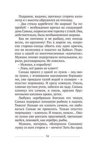 34
Подранок, видимо, протянул сгоряча кило-
метр и с высоты обрушился на теплицу.
– Два стекла вдребезги! Но жирная! Ты по-
пробуй! – возбужденно кричал на следующий
деньСанька,подвигая мнетарелку с уткой.Она,
действительно, была необыкновенно жирная.
Как не охотнику и не рыбаку, ему иногда
везло, по-крупному! Раз в апреле он, попро-
сив старика-соседа обвить ему один крючок,
сел на велосипед и покатил на Байкал. Подъ-
ехал к одной из многочисленных «камчаток».
Мужики лениво подергивали мотыльками, ку-
рили, разговаривали. Не ловилось.
– Мужики, я порыбачу!
– Лови, всё равно не клюет!
Санька присел у одной из лунок – лед око-
ло лунки, с втаявшими высохшими бормаша-
ми, уже проедало талой водой и солнцем – и
опустил мормышку. И сразу клюнуло. Омуль,
хлюпая пустым ртом, забился на льду. Санька
хлопнул его сачком, и омуль, краснея брус-
ничными каплями крови, затих.
Любуясь серебряным блеском его чешуи,
Санька подержал холодную рыбину в ладони.
Тяжела! Больше ни хлопать сачком, ни любо-
ваться Саньке не пришлось. Только опустил
мормышку – клюнуло. И пошло, пошло… Око-
ло лунки уже россыпь прыгающей, трепыхаю-
щейся, лежащей, как серебро, рыбы.
Мужики, матерясь, обсверлили Санькину
лунку со всех сторон и – ничего! Хоть бы одна
 