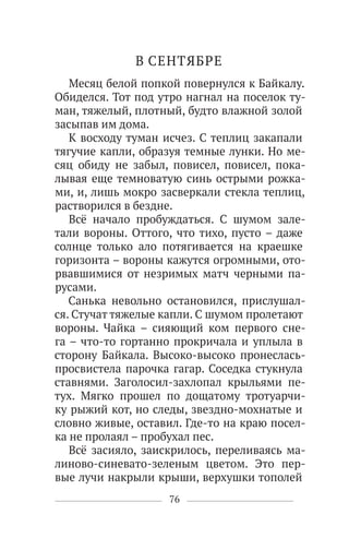 76
В СЕНТЯБРЕ
Месяц белой попкой повернулся к Байкалу.
Обиделся. Тот под утро нагнал на поселок ту-
ман, тяжелый, плотный, будто влажной золой
засыпав им дома.
К восходу туман исчез. С теплиц закапали
тягучие капли, образуя темные лунки. Но ме-
сяц обиду не забыл, повисел, повисел, пока-
лывая еще темноватую синь острыми рожка-
ми, и, лишь мокро засверкали стекла теплиц,
растворился в бездне.
Всё начало пробуждаться. С шумом зале-
тали вороны. Оттого, что тихо, пусто – даже
солнце только ало потягивается на краешке
горизонта – вороны кажутся огромными, ото-
рвавшимися от незримых матч черными па-
русами.
Санька невольно остановился, прислушал-
ся. Стучат тяжелые капли. С шумом пролетают
вороны. Чайка – сияющий ком первого сне-
га – что-то гортанно прокричала и уплыла в
сторону Байкала. Высоко-высоко пронеслась-
просвистела парочка гагар. Соседка стукнула
ставнями. Заголосил-захлопал крыльями пе-
тух. Мягко прошел по дощатому тротуарчи-
ку рыжий кот, но следы, звездно-мохнатые и
словно живые, оставил. Где-то на краю посел-
ка не пролаял – пробухал пес.
Всё засияло, заискрилось, переливаясь ма-
линово-синевато-зеленым цветом. Это пер-
вые лучи накрыли крыши, верхушки тополей
 