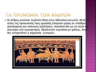  Οι άνδρες κατείχαν περίοπτη θέση στην αθηναϊκή κοινωνία. Μετά το
τέλος της προσωπικής τους εργασίας έπαιρναν μέρος σε υπαίθριες
φιλοσοφικές και πολιτικές συζητήσεις. Ασχολούνταν με τα κοινά και
σύχναζαν στα γυμναστήρια. Οργάνωναν συμπόσια με φίλους, όπου
δεν επιτρεπόταν η παρουσία γυναικών.
 