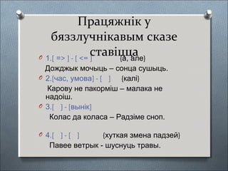 Працяжнік у
бяззлучнікавым сказе
ставіццаO 1.[ => ] - [ <= ] {а, але}
Дожджык мочыць – сонца сушыць.
O 2.[час, умова] - [ ] {калі}
Карову не пакорміш – малака не
надоіш.
O 3.[ ] - [вынік]
Колас да коласа – Радзіме сноп.
O 4.[ ] - [ ] {хуткая змена падзей}
Павее ветрык - шуснуць травы.
 
