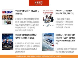3 февраля 2017 года, Бизнес-завтрак интернет агентства «Sabit»
КИНО
фильм «Пересчёт» (Recount),
2008 год.
о пересчете голосов во Флориде во
время президентских выборов 2000
года, когда, по мнению создателей
фильма, Альберт Гор реально
выиграл у Буша-младшего.
фильм «Игра Изменилась»
(Game Change), 2012 год.
о перипетиях президентской гонки в
США в 2008 году, когда за пост главы
страны боролись Барак Обама и
Джон МакКейн.
фильм «ПЛУТОСТВО»
(Wag the Dog), 1997 год.
о СПАСЕНИИ РЕПУТАЦИИ
ПРЕЗИДЕНТА ОТ СКАНДАЛА, С
ПОМОЩЬЮ СПЕЦИАЛИСТА ПО
НЕШТАТНЫМ СИТУАЦИИ..
Серия № 7 «Про систему
выборов в США» (Сериал
«Адам портит все), 2015
год.
О сложившейся неэффективной
системе выборщиков в США
 