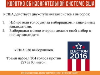 3 февраля 2017 года, Бизнес-завтрак интернет агентства «Sabit»
Коротко об избирательной системе США
В США действует двухступенчатая система выборов:
1. Избиратели голосуют за выборщиков, назначенных
кандидатами.
2. Выборщики в свою очередь делают свой выбор в
пользу кандидата.
В США 538 выборщиков.
Трамп набрал 304 голоса против
227 за Клинтон.
 