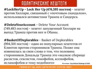 3 февраля 2017 года, Бизнес-завтрак интернет агентства «Sabit»
Политические Хештеги
#LockHerUp - Lock Her Up (476,395 постов) - хештег
против Хиллари, связанный с «почтовым скандалом»,
использовался активистами Трампа и Сандерса.
#DeleteYourAccount - Delete Your Account
(749,483 постов) - хештег запущенный Хиллари на
выпад Трампа против нее и Обамы.
#BasketOfDeplorables - Basket of Deplorables
(994,501 постов) - один из популярных хештегов от
Клинтон против сторонников Трампа. Позже она
извинилась за свои слова о том, что половина
сторонников Дональда Трампа это «жалкое сборище
расистов, сексистов, гомофобов, ксенофобов,
исламофобов и тому подобного» Источник: «Top Political Hashtags of 2016»
 