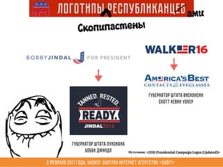 3 февраля 2017 года, Бизнес-завтрак интернет агентства «Sabit»
Логотипы Республиканцев
Губернатор штата Висконсин
Скотт Кевин Уокер
>
Скопипастены
ами
Губернатор штата Луизиана
Бобби Джиндл Источник: «2016 Presidential Campaign Logos (Updated!)»
 