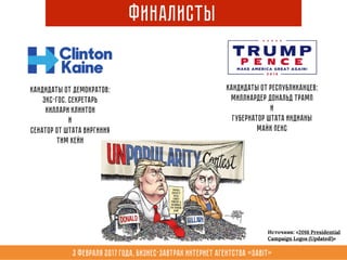 3 февраля 2017 года, Бизнес-завтрак интернет агентства «Sabit»
ФИналисты
Кандидаты от демократов:
экс-гос. секретарь
Хиллари КЛинтон
и
Сенатор от штата Виргиния
ТИМ Кейн
Кандидаты от республиканцев:
Миллиардер Дональд Трамп
и
Губернатор штата Индианы
Майк Пенс
Источник: «2016 Presidential
Campaign Logos (Updated!)»
 