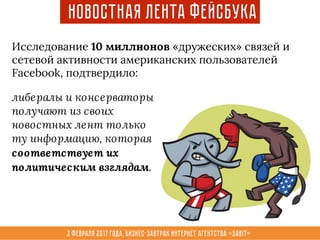 3 февраля 2017 года, Бизнес-завтрак интернет агентства «Sabit»
Новостная лента Фейсбука
либералы и консерваторы
получают из своих
новостных лент только
ту информацию, которая
соответствует их
политическим взглядам.
Исследование 10 миллионов «дружеских» связей и
сетевой активности американских пользователей
Facebook, подтвердило:
 