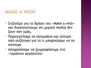 ⦿ Συζητάμε για τη δράση του «Make a wish»
και διαπιστώνουμε ότι μερικά παιδιά δεν
ζουν σαν εμάς.
⦿ Παραγγείλαμε τα αστεράκια και ύστερα
από συζήτηση για το τι μπορούσαμε να τα
κάνουμε
⦿ Aποφασίσαμε να ζωγραφίσουμε ένα
«τεράστιο αερόστατο»
 