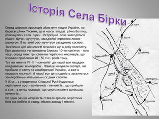  Серед широких просторів лісостепу півдня України, по
берегах річки Тясмин, де в нього впадає річка Болтиш,
розкинулось село Бірки. Всередині села знаходяться
піщані бугри, кучугури, засаджені червоною лозою -
шелюгом. В останні роки кучугури засаджено сосною.
Заселення цієї місцевості почалося ще в добу палеоліту.
При розкопках тут виявлено близько 10-ти пам'яток - того
часу, серед яких три стоянки первісних мисливців, що
існували приблизно 20 - 50 тис. років тому.
Тут же жили в VI -III тисячолітті до нашої ери нащадки
найдавніших землеробів . Пізніше кочували скотарі, які
прийшли зі степу та лівобережної України, а вже в
першому тисячолітті нашої ери ця місцевість заселяється
землеробними племенами східних слов'ян.
У IX ст., з утворенням Київської Русі будуються
укріплення проти кочівників - печенігів , що прийшли
в X ст., а потім половців, що через століття витіснили
печенігів .
Не один раз ця місцевість ставала ареною жорстоких
боїв від набігів зі сходу, півдня,заходу і півночі.
 