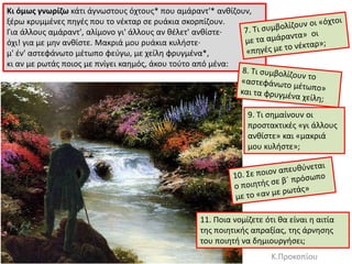 Kι όμωσ γνωρίηω κάτι άγνωςτουσ όχτουσ* που αμάραντ'* ανκίηουν,
ξζρω κρυμμζνεσ πθγζσ που το νζκταρ ςε ρυάκια ςκορπίηουν.
Για άλλουσ αμάραντ', αλίμονο γι' άλλουσ αν κζλετ' ανκίςτε·
όχι! για με μθν ανκίςτε. Mακριά μου ρυάκια κυλιςτε·
μ' ζν' αςτεφάνωτο μζτωπο φεφγω, με χείλθ φρυγμζνα*,
κι αν με ρωτάσ ποιοσ με πνίγει καθμόσ, άκου τοφτο από μζνα:
9. Σι ςθμαίνουν οι
προςτακτικζσ «γι άλλουσ
ανκίςτε» και «μακριά
μου κυλιςτε»;
11. Ποια νομίηετε ότι κα είναι θ αιτία
τθσ ποιθτικισ απραξίασ, τθσ άρνθςθσ
του ποιθτι να δθμιουργιςει;
Κ.Προκοπίου
 