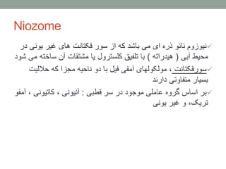 Niozome
‫یونی‬ ‫غیر‬ ‫های‬ ‫فکتانت‬ ‫سور‬ ‫از‬ ‫که‬ ‫باشد‬ ‫می‬ ‫ای‬ ‫ذره‬ ‫نانو‬ ‫نیوزوم‬‫در‬
‫آبی‬ ‫محیط‬(‫هیدراته‬)‫ساخ‬ ‫آن‬ ‫مشتقات‬ ‫یا‬ ‫کلسترول‬ ‫تلفیق‬ ‫با‬‫شود‬ ‫می‬ ‫ته‬
‫سورفکتانت‬‫حالل‬ ‫که‬ ‫مجزا‬ ‫ناحیه‬ ‫دو‬ ‫با‬ ‫فیل‬ ‫آمفی‬ ‫مولکولهای‬ ،‫یت‬
‫دارند‬ ‫متفاوتی‬ ‫بسیار‬
‫قطبی‬ ‫سر‬ ‫در‬ ‫موجود‬ ‫عاملی‬ ‫گروه‬ ‫اساس‬ ‫بر‬:‫کاتیونی‬ ، ‫آنیونی‬‫آمفو‬ ،
‫یونی‬ ‫غیر‬ ‫و‬ ،‫تریک‬
 