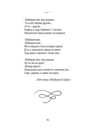 78
* * *
- Любимая моя, моя родная…
- Ты стал совсем другим…
- И ты – другая…
Сирень в саду поблекла. У качели
Несчастный принц играет на свирели.
- Любимая моя…
- Любимый мой…
Мне страшно и мне холодно одной,
Есть у принцессы замок на скале,
Туда цветы приносят птицы мне…
- Любимая моя, моя родная,
Но ты же не одна?
- Всегда одна я…
Смешалось все в каком-то странном сне –
Года, свирель и замок на скале.
(для пьесы «Воздушный Шар»)
 