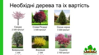 Ялівець шт
грн шт
Липа шт
грн шт
Ясень звичайний шт
грн шт
Акація шаровидна
шт
Яблуня Недзвецького
грн шт
Необхідні дерева та їх вартість
 