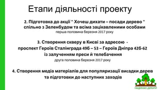 Етапи діяльності проекту
Створення скверу в Києві за адресою
проспект Героїв Сталінграда б Героїв Дніпра б
із залученням преси й телебачення
друга половина березня року
Створення медіа матеріалів для популяризації ви адки дерев
та підготовки до наступних заходів
Підготовка до акції Хочеш дихати посади дерево
спільно з Зеленбудом та всіма зацікавленими особами
перша половина березня року
 